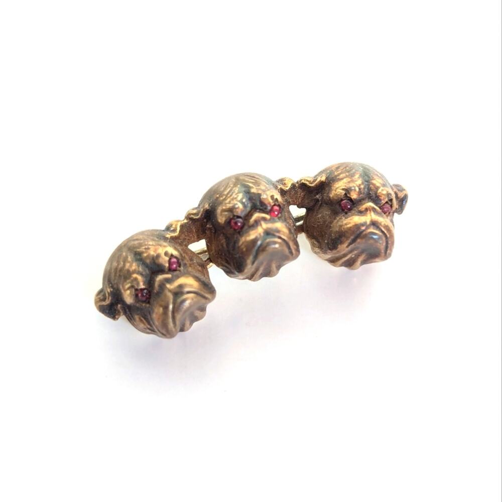 Antique Sterling Silver Figural English Bulldog Ruby Red Glass Eyes Brooch